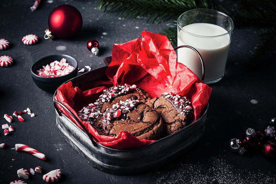 American Brownie Cookies With Candy Canes For Christmas Photograph by Christian Kutschka