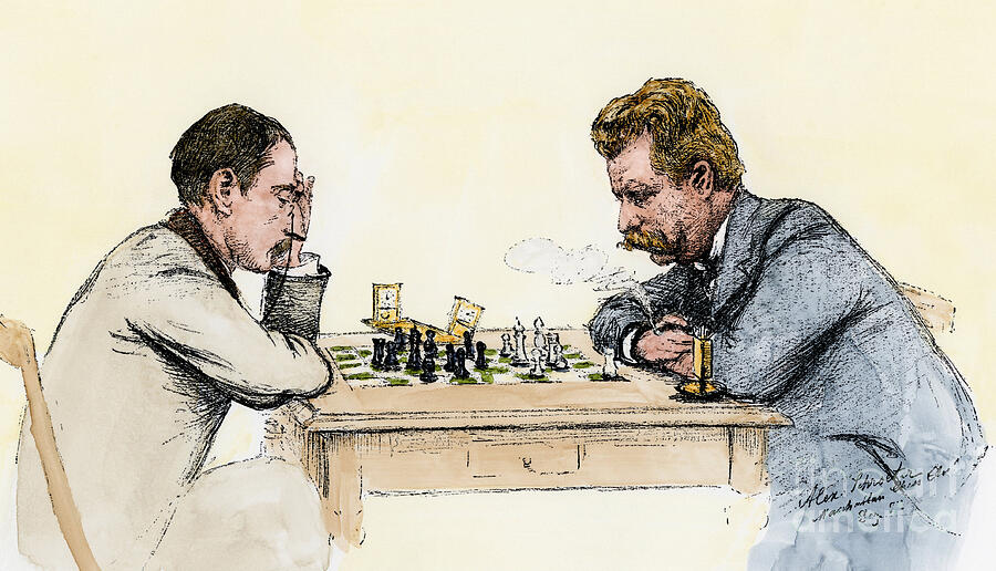 Chess Drawing - American Championship Chess Game Between Jackson Showalter 1860-1935) (right) And Samuel Lipschutz (1863-1905) (left) In 1892 Illustration 19th Century Engraving On Wood Colour by American School