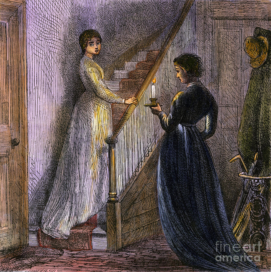 Candle Drawing - American Daily Life The Climb Of The Stairs With The Glow Of Candles, Two Young Sisters Head To The Floor At Night To Go To Their Room, Around 1800 Colour Engraving, 19th Century by American School