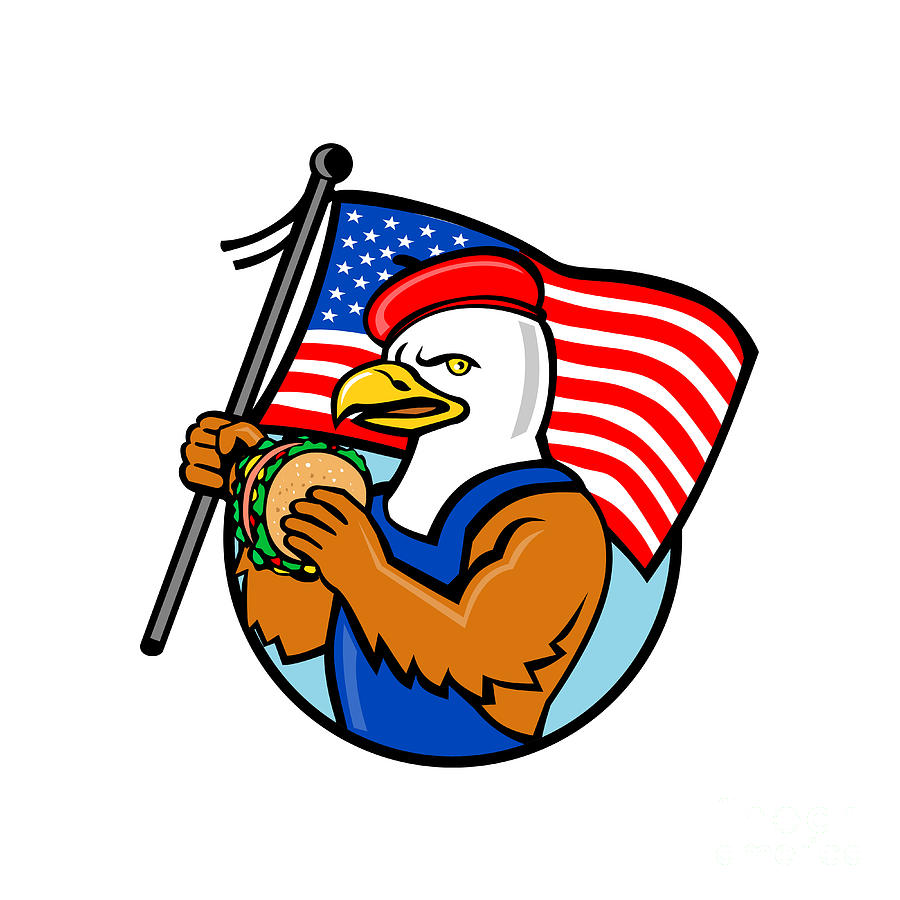 American Eagle Holding Burger and USA Flag Mascot Digital Art by ...