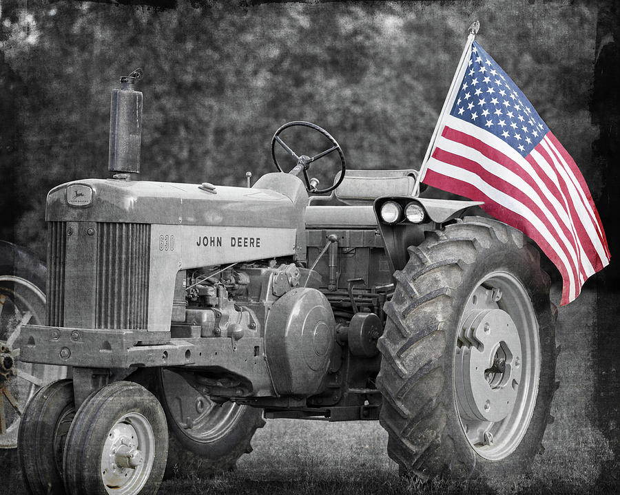 Independence Day Photograph - American Flag and Tractor in Black and White by Jennifer Rigsby