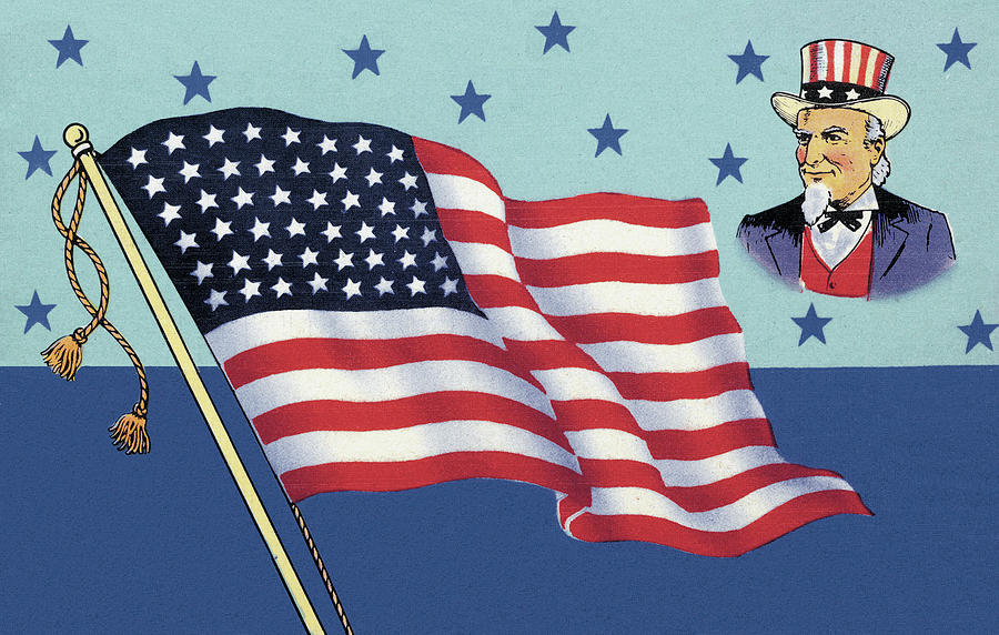 Fourth Of July Drawing - American Flag and Uncle Sam by CSA Images