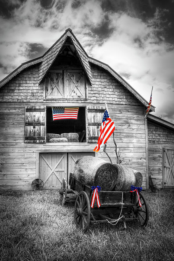 American Hay Barn Black and White with Color Selected Red and Bl Photograph by Debra and Dave Vanderlaan