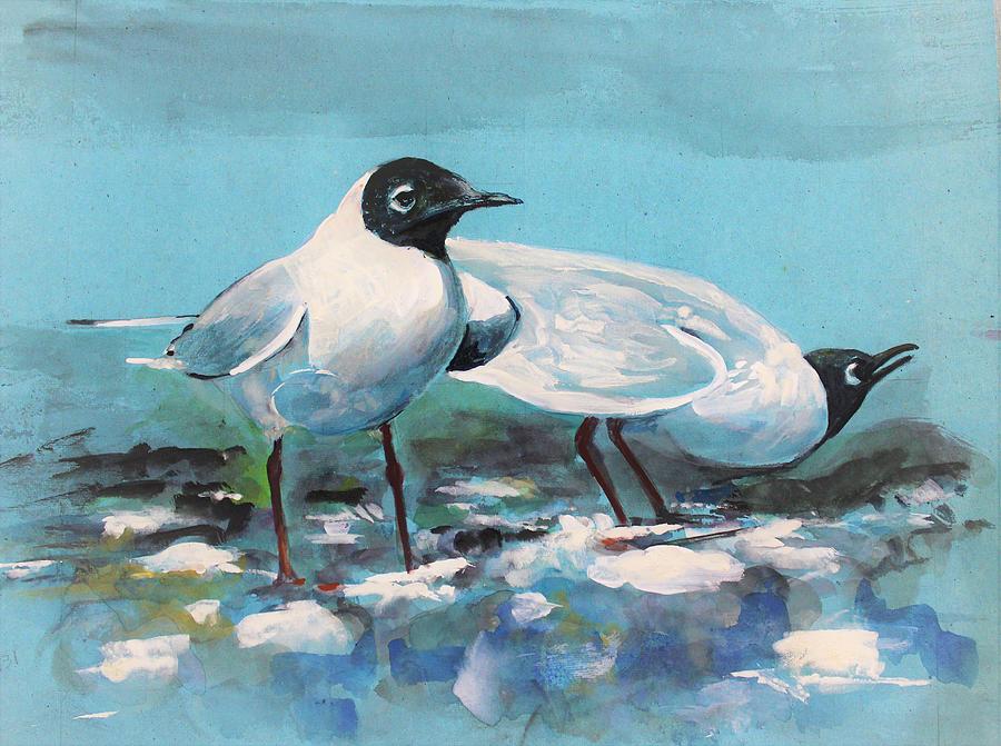 American Herring Gulls Painting by Khalid Saeed