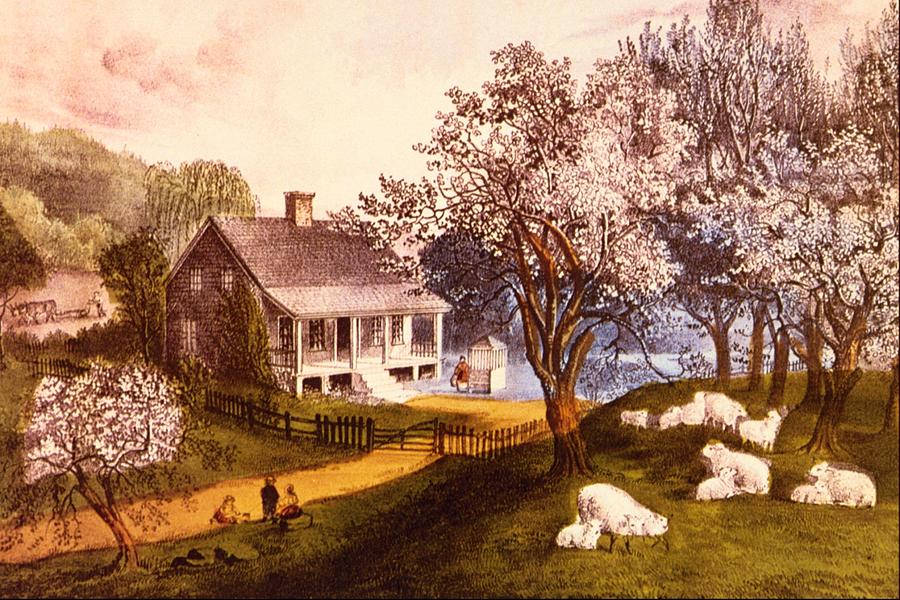 BRAND NEW STRETCHED CANVAS CURRIER & IVES AMERICAN HOMESTEAD SPRING 1800's