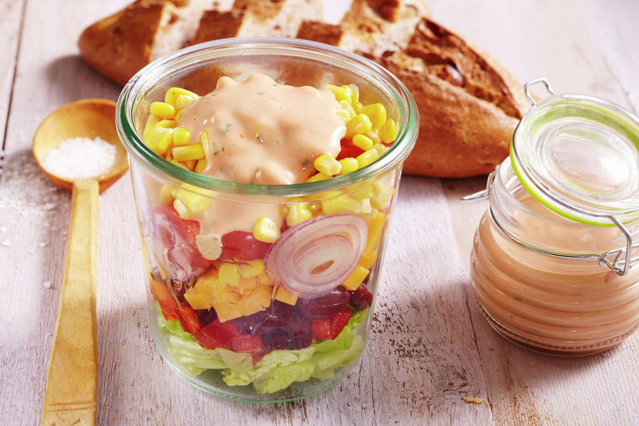 American Layered Salad With A Yoghurt Dressing In A Glass Photograph by Teubner Foodfoto