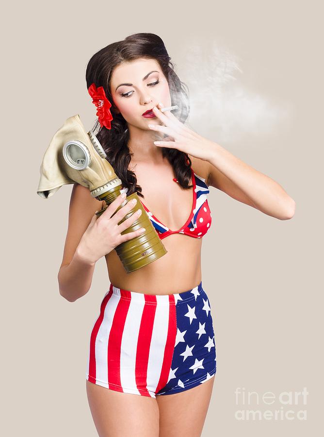 American military pin up girl holding gasmask  Photograph by Jorgo Photography