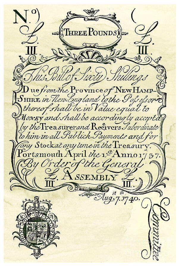 American Drawing - American Paper (banknote), Worth 3 Pounds, Issued By The Colony Of New Hampshire In 1740, Bearing The British Seal And The Motto Of The King Of England Colour Engraving, 19th Century by American School