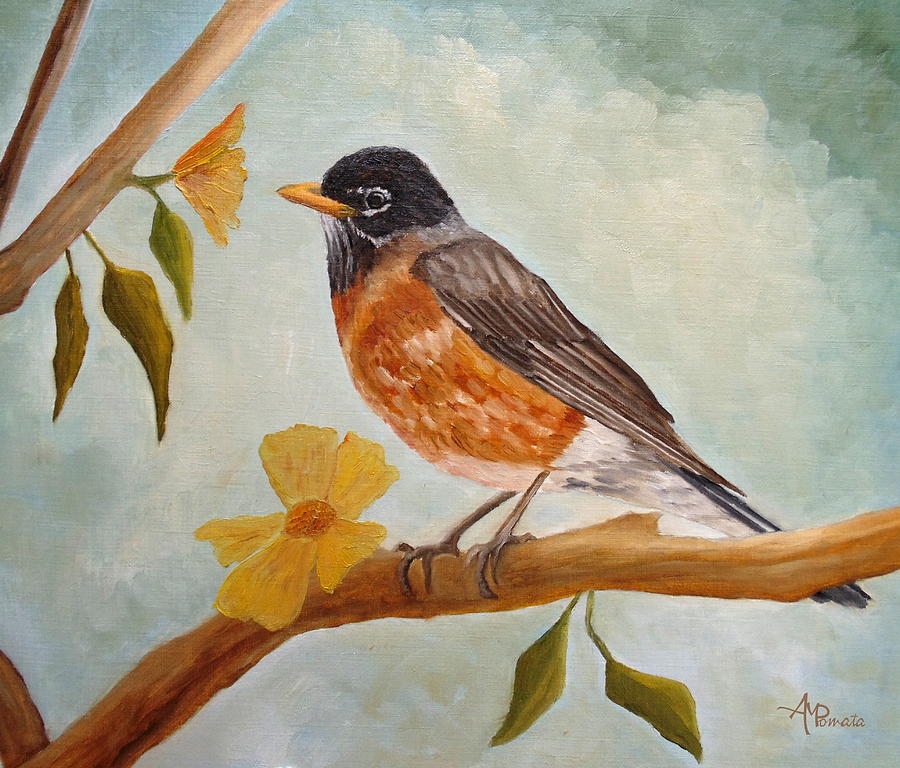 American Robin On A Spring Afternoon Painting by Angeles M Pomata