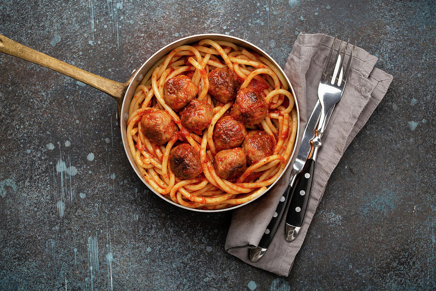 American Traditional Spaghetti With Meatballs, Tomato Sauce And Basil Photograph by Olena Yeromenko