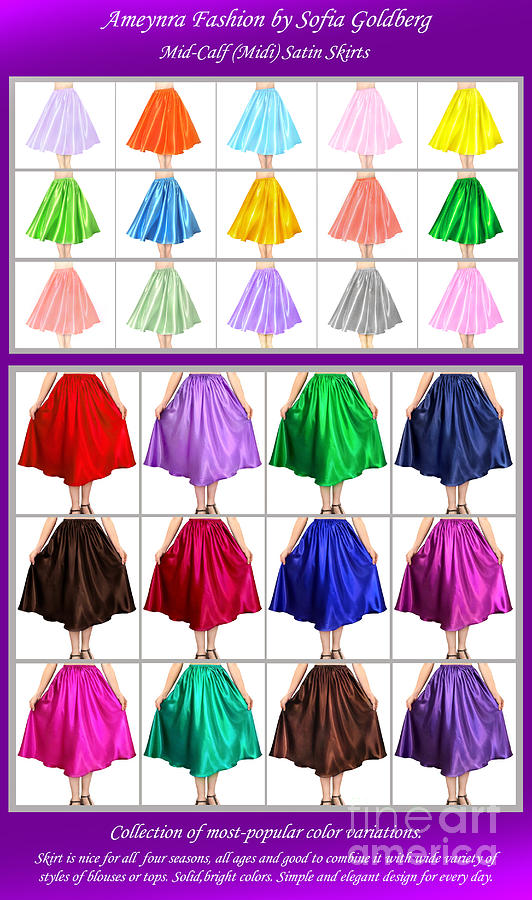 Ameynra fashion. Satin full-circle mini skirts. List of colors