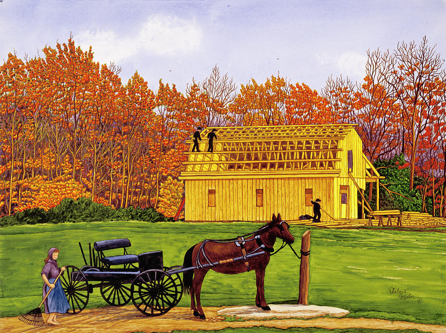 Amish Barn Raising Painting by Thelma Winter