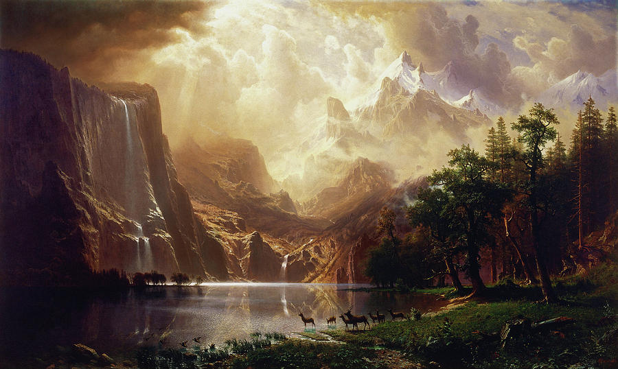 A painting of the Sierra Nevada with a pond at the front surrounded by a waterfall by a mountain and a grassy plain. 