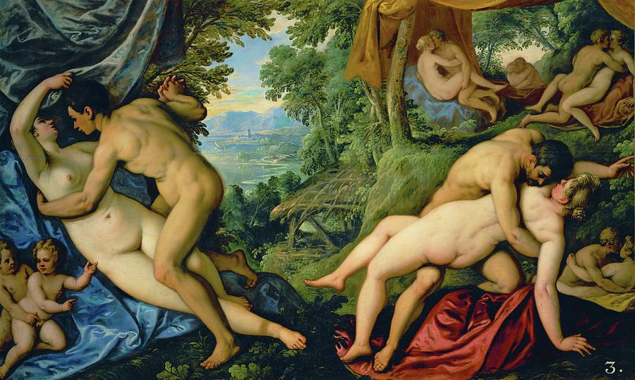 Amori  -The Golden Age-. One of a series of four paintings andquot, Love in the Golden Ageandquot. Painting by Paolo Fiammingo -c 1540-1596-
