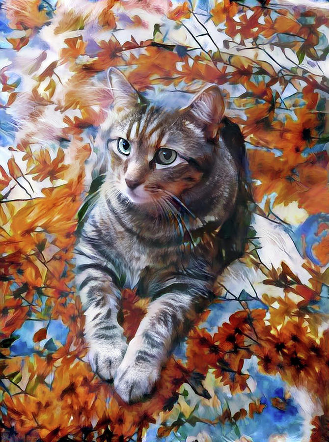 Cat Digital Art - Amos in Flowers by Peggy Collins