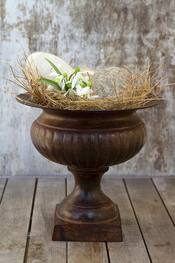 Amphora Decorated With Birds Eggs And Snowdrops In Straw Nest Photograph by Catja Vedder