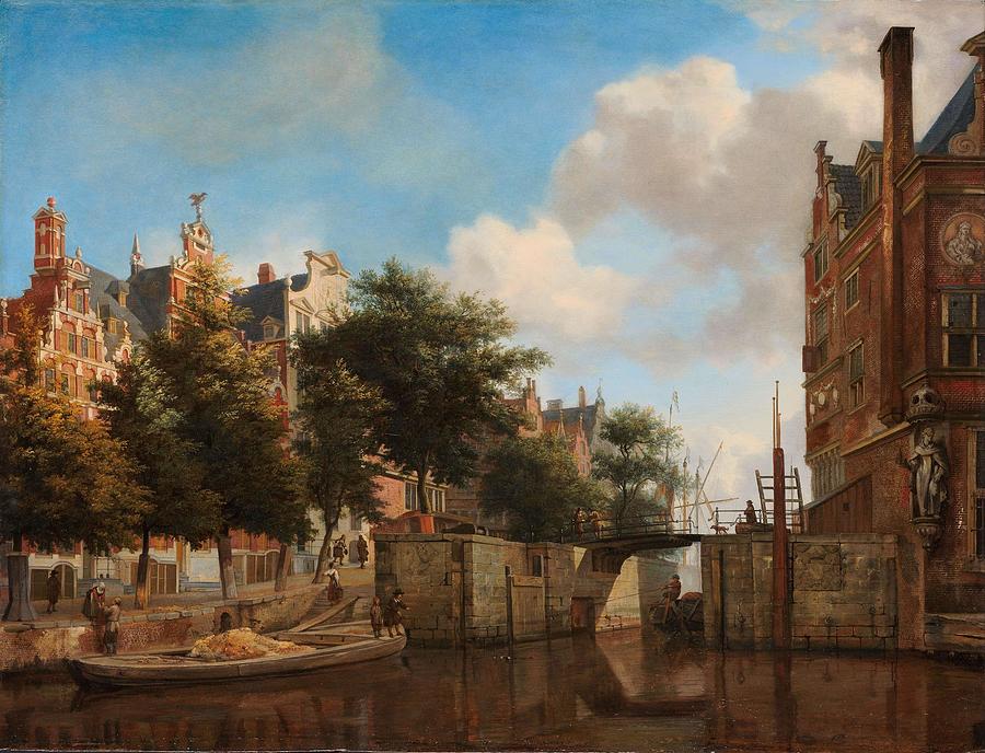 Amsterdam City View with Houses on the Herengracht and the old Haarlemmersluis. The Nieuwe Zijds ... Painting by Jan Van Der Heyden