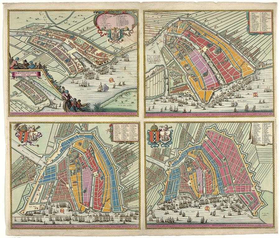 Amsterdam. Four maps of Amsterdam, printed on one sheet of paper, anonymous, c. 1700 Painting by MotionAge Designs