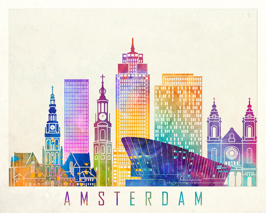 City Drawing - Amsterdam Landmarks Watercolor Poster by Domiciano Pablo Romero Franco