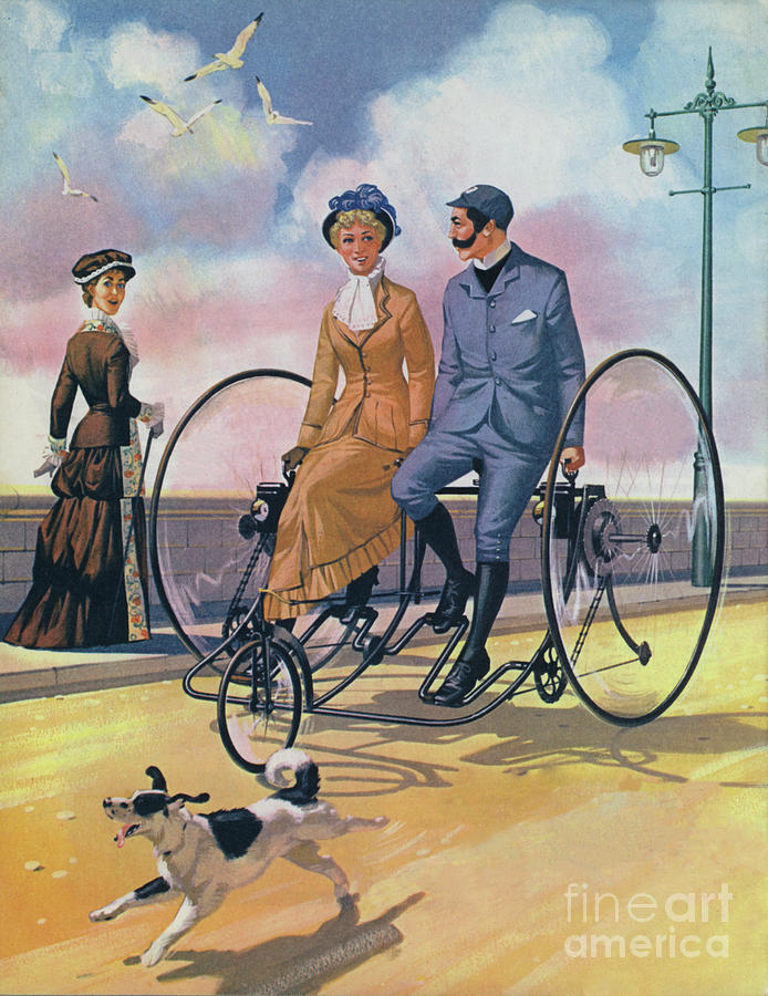 An 1882 bicycle made for two  Painting by Angus McBride
