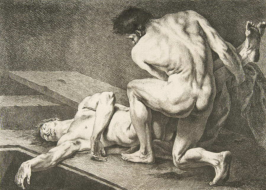 An Academie - One Man Lifting the Legs of Another Man Relief by Carle Van Loo