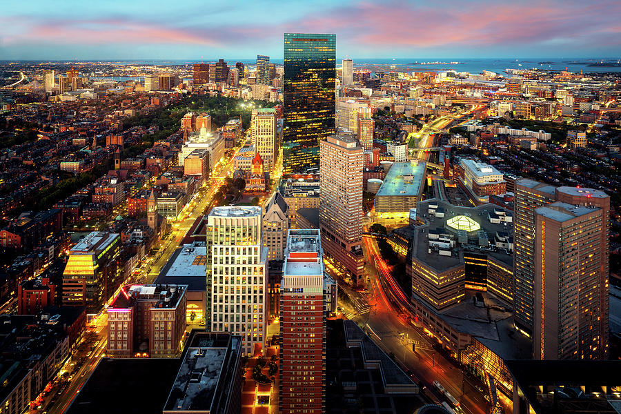 An aerial night view of Boston city center Photograph by Anek Suwannaphoom