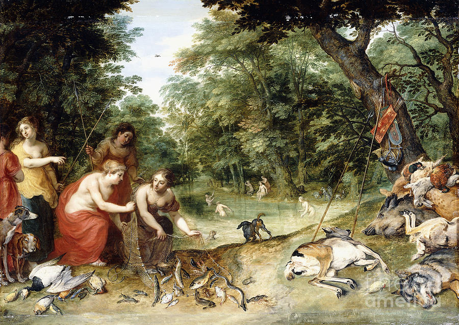 An Allegory Of The Elements, Earth, Air And Water: Nymphs Bathing In A Wooded Glade With Trophies Of The Hunt Nearby, C.1621 Painting by Jan Brueghel