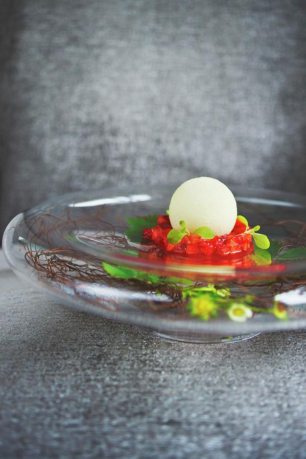 An Aloe Vera Snowball With Panna Cotta And Strawberries At The Restaurant Meierei Dirk Luther Photograph by Jalag / Maria Schiffer