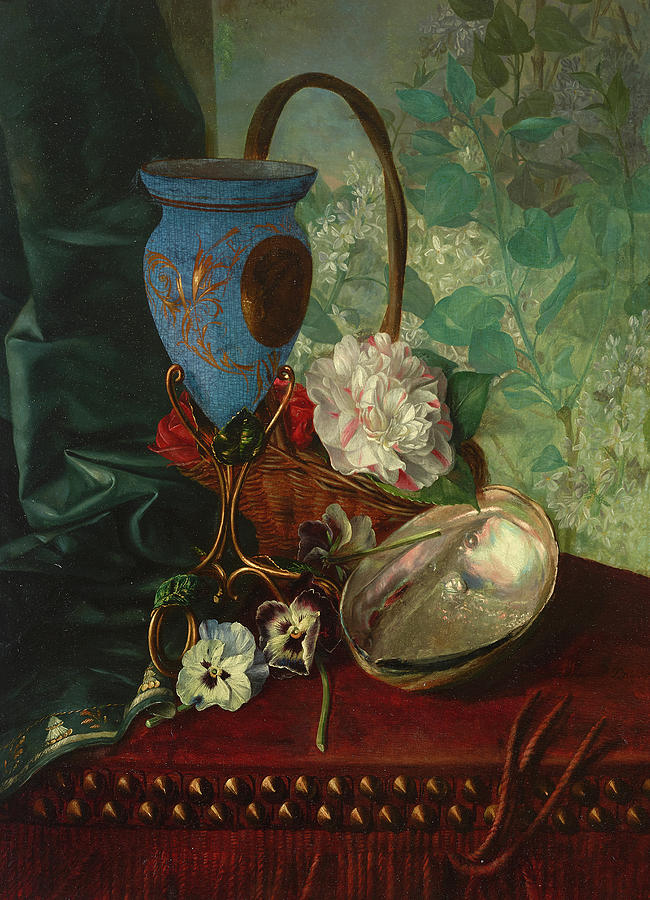 Shell Painting - An amphora shaped vase, a basket of peonies, an abalone shell and pansies on a draped table by Jose Maria Bracho Murillo
