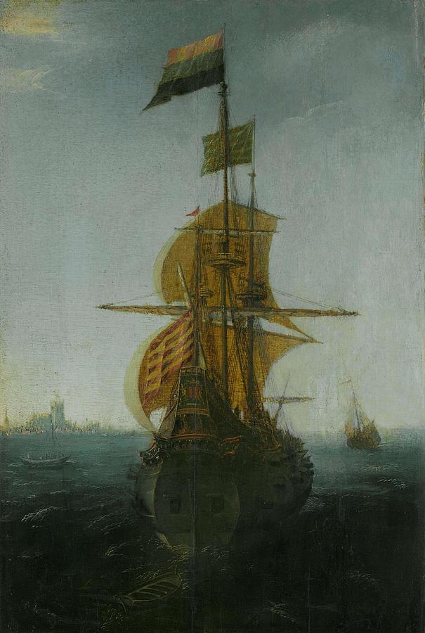 An Amsterdam East Indiaman. Painting by Abraham de Verwer -attributed to-