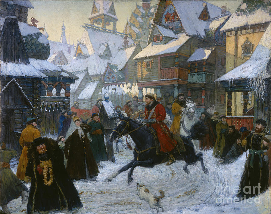 An Ancient Russian Town. The Horsemen Drawing by Heritage Images