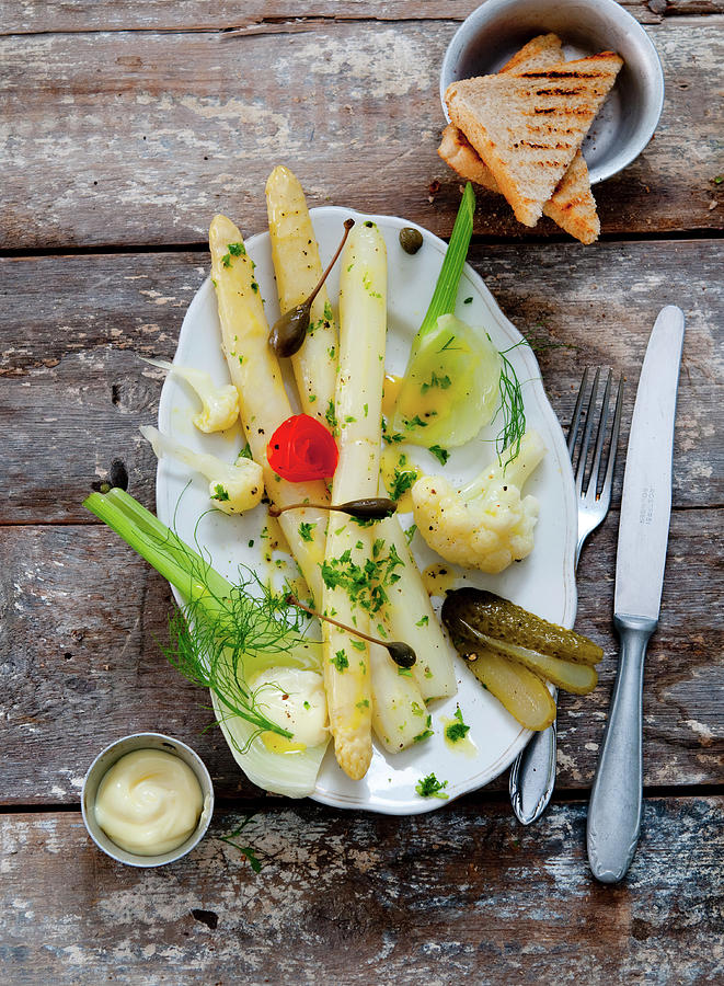 An Antipasti Platter With Asparagus, Mayonnaise And Toast Photograph by Udo Einenkel