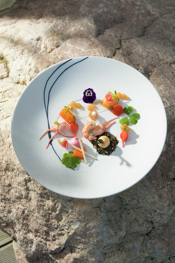 An Appetiser Plate Featuring Char, Crayfish, Apple And Radishes Photograph by Jalag / Michael Schinharl
