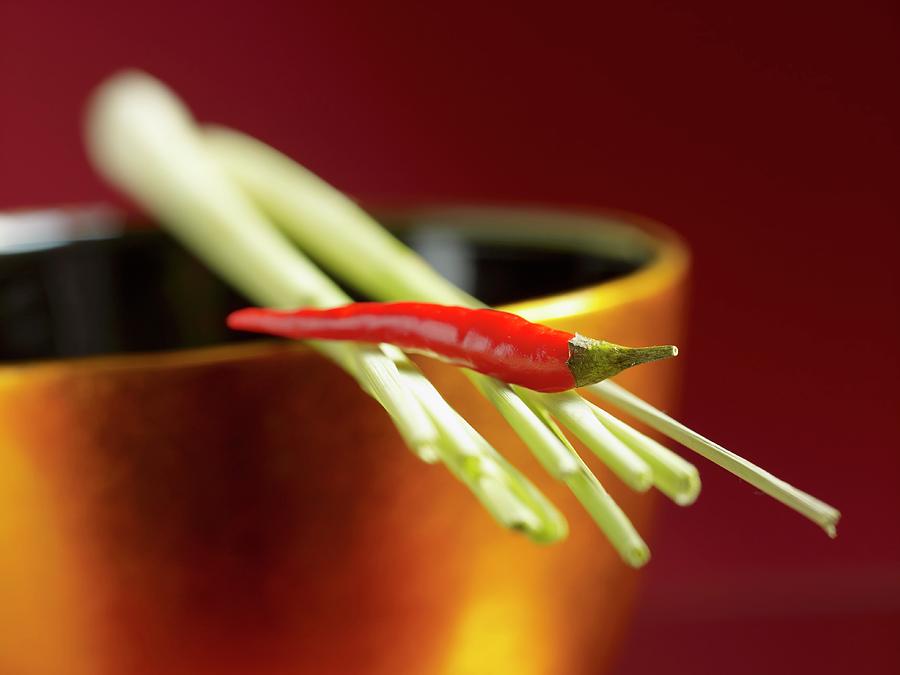An Arrangement Of Oriental Spices: A Red Chilli Pepper And Lemongrass On A Golden Bowl Photograph by Foto4food