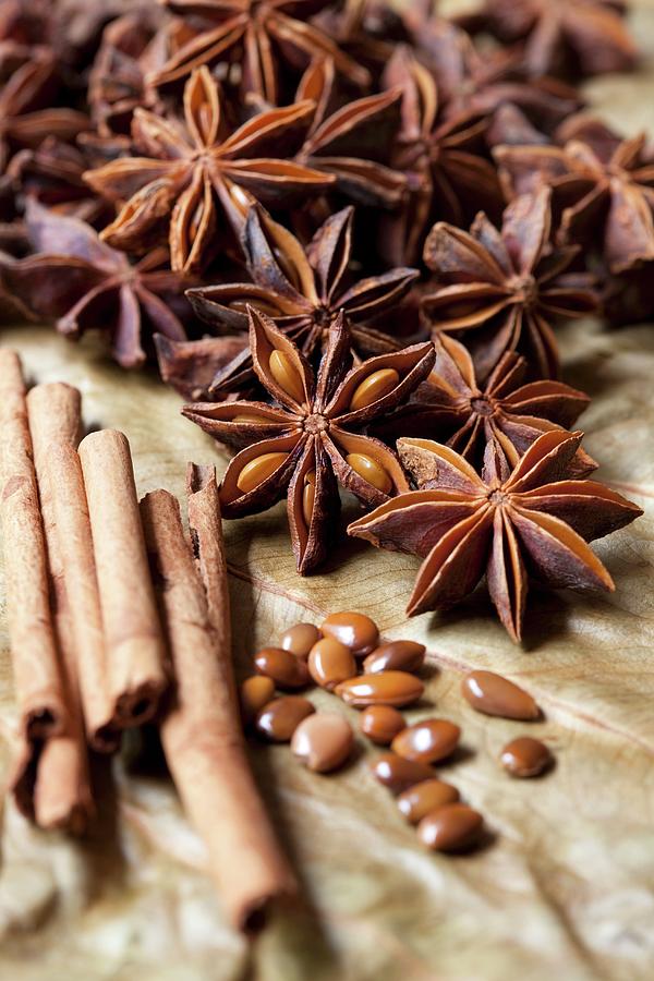 An Arrangement Of Spices With Star Anise And Cinnamon Photograph by Hilde Mche