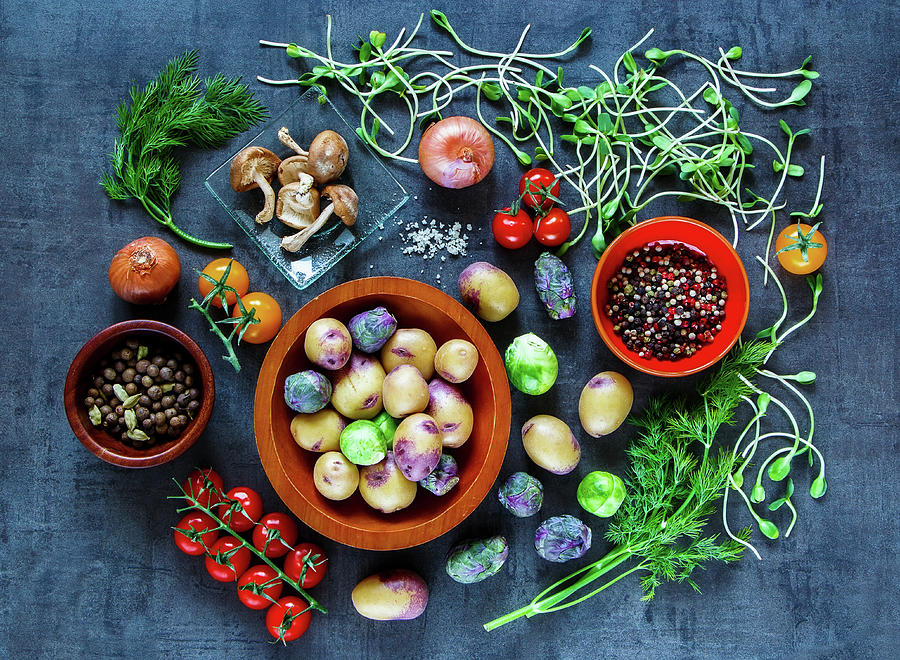 An Arrangement Of Vegetables, Herbs, Mushrooms And Spices For Vegetarian Cuisine Photograph by Yuliya Gontar