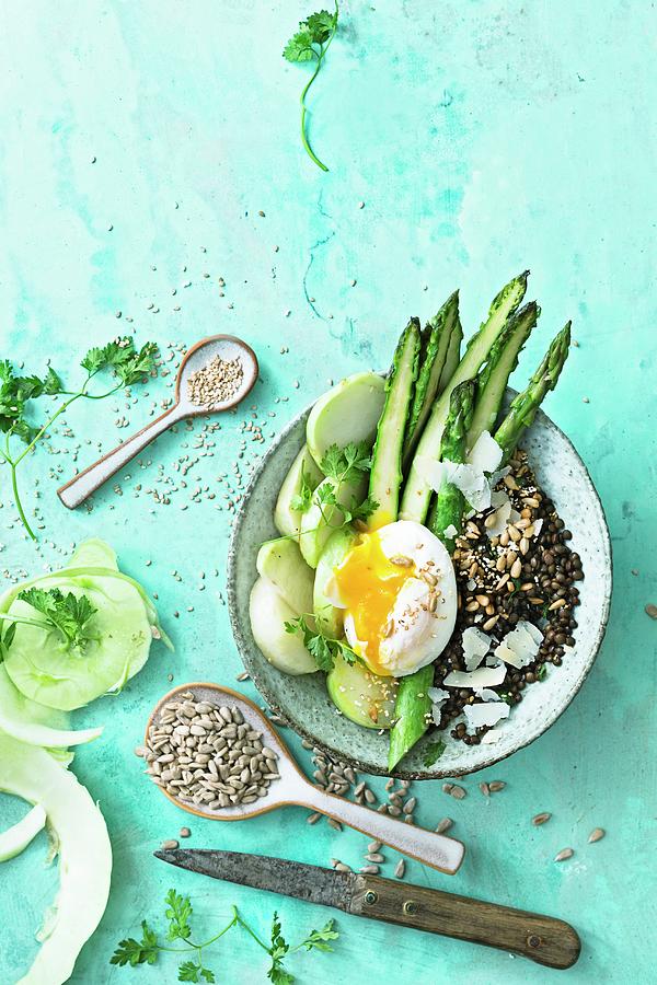 An Asparagus Bowl With Poached Egg, Kohlrabi And Mixed Seeds Photograph by Jalag / Wolfgang Schardt