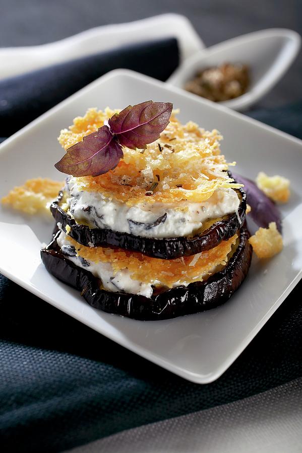 An Aubergine Tower With Aubergine Cream Cheese And Parmesan Chips Photograph by Pizzi, Alessandra