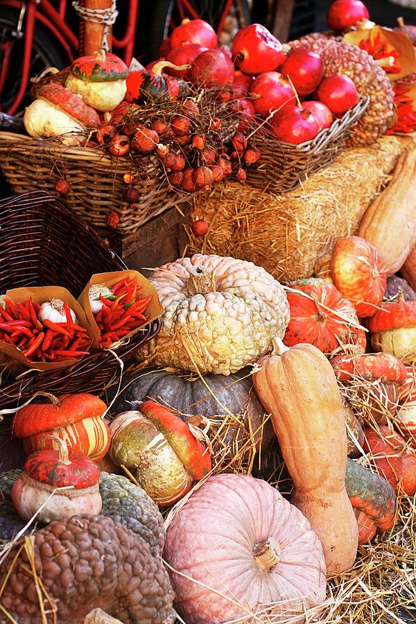 An Autumnal Arrangement Featuring Pumpkins, Squash, Fruit And Vegetables At A Market Photograph by Alexandra Panella
