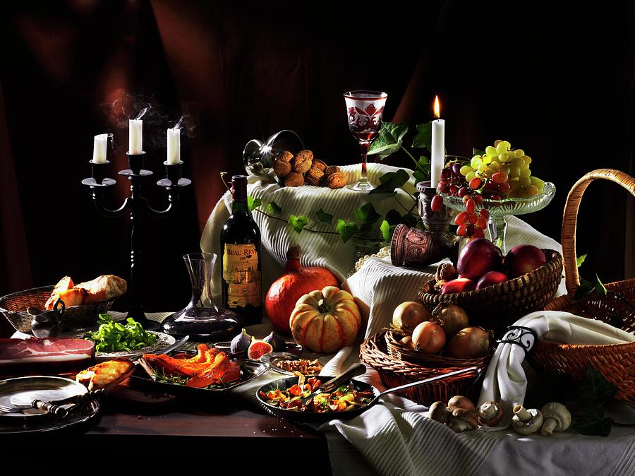 An Autumnal Arrangement With Pumpkin, Grapes And Wine Photograph by Christian Schuster