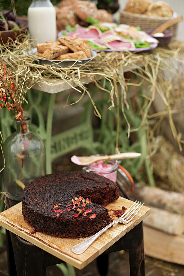 An Autumnal Buffet In A Garden With A Beetroot Cake, Rolls And A Meat Platter Photograph by Cecilia Mller