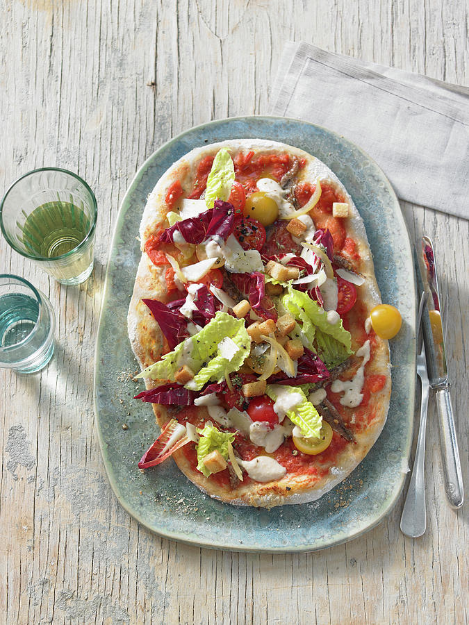 An Autumnal Caesar Salad With A Salted Lemon Dressing On An Anchovy Pizza Photograph by Jan-peter Westermann