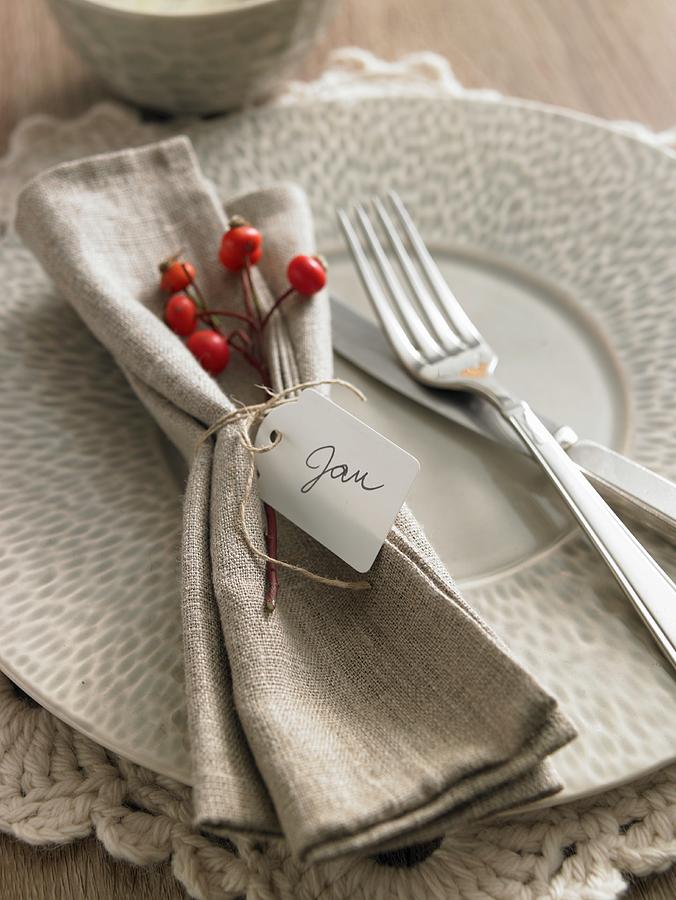 An Autumnal Place Setting With A Serviette And A Name Tag Photograph by Jan-peter Westermann