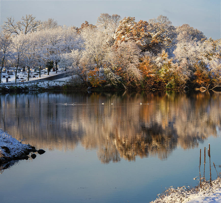 An Early Snow - View Stoughton Millpond with fall color and dusting of snow Photograph by Peter Herman