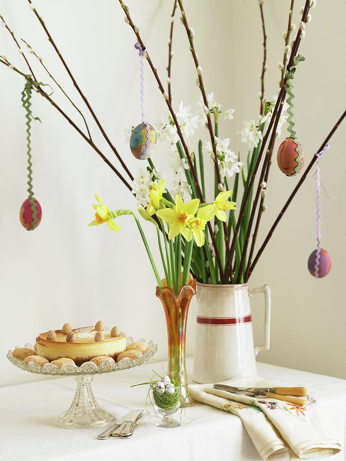 An Easter Bouquet And A Cake On A Cake Plate Photograph by Jo Tyler