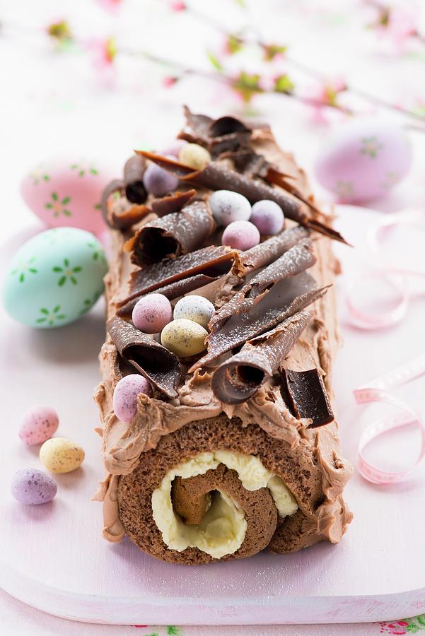 An Easter Chocolate Log Cake With Chocolate Cream And Easter Eggs Photograph by Jonathan Short