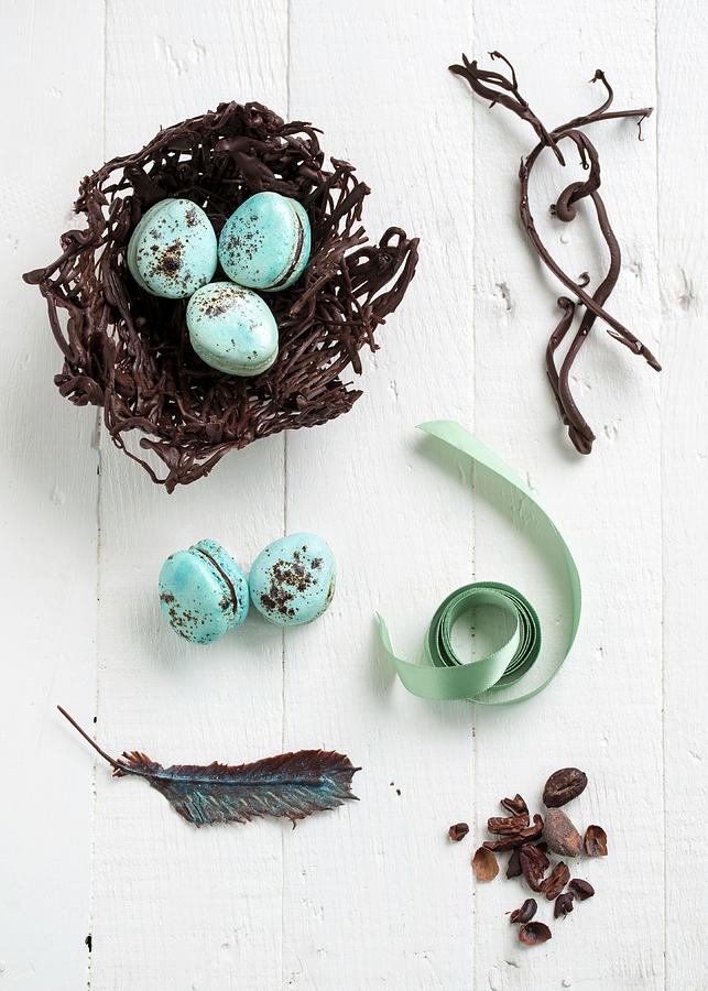 An Easter Nest With Macarons, Chocolate Feathers And Cocoa Nibs Photograph by Farrell Scott