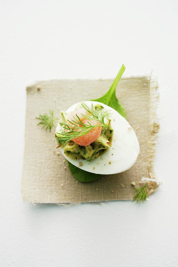 Fish Photograph - An Egg With Herb Cream And Shrimps by Michael Wissing