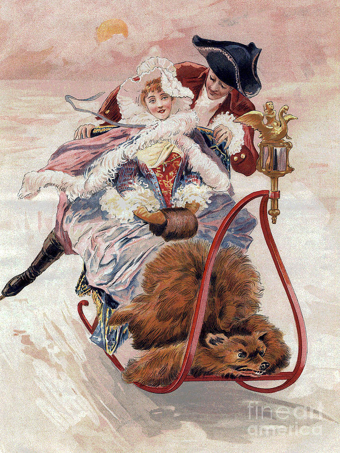 An elegant couple in sledding and ice skating slides over the snow Painting by French School