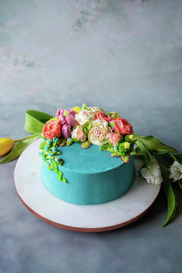 An Exotic Butter Cream Cake Decorated With Flowers Photograph by Marions Kaffeeklatsch